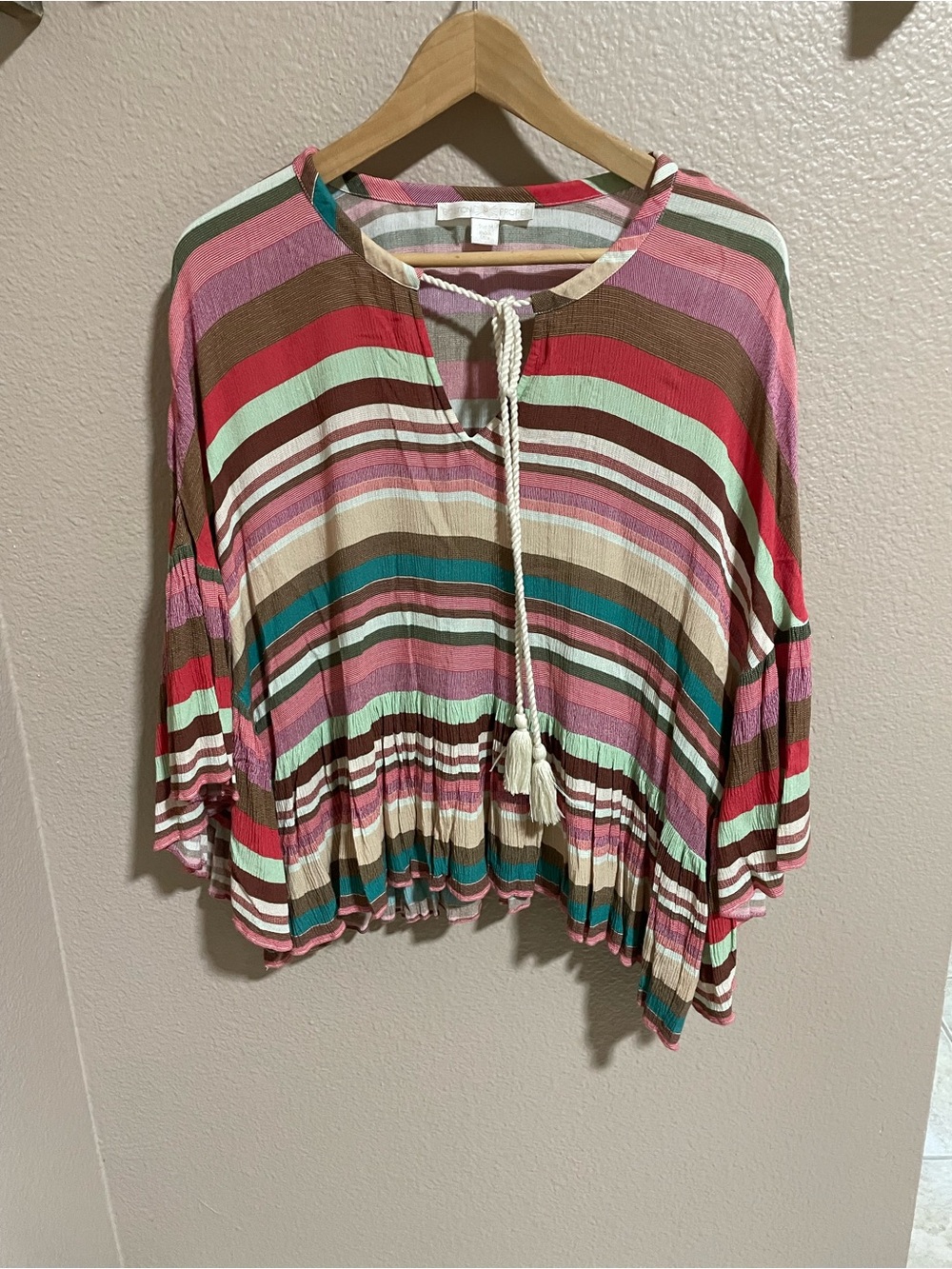 Boston Proper Multicolor Striped Tie-Front Peasant Blouse